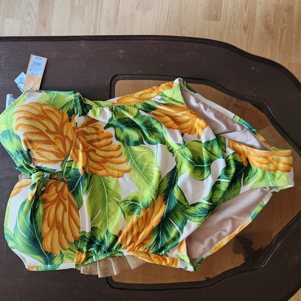 Kona Sol Yellow and Green Floral One Piece Swimsuit